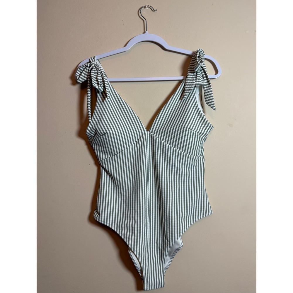 H&M Green and White Striped One-Piece Swimsuit